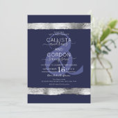 Invitation Mariage frontalier Blue Silver Brushstroke de la m (Debout devant)