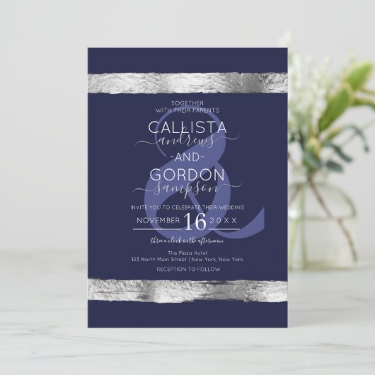 Invitation Mariage frontalier Blue Silver Brushstroke de la m (Debout devant)