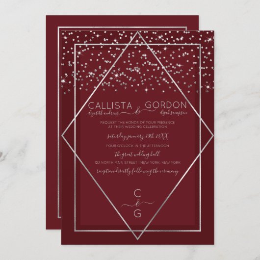 Invitation Mariage frontalier de Confetti Geo en argent rouge (Devant / Derrière)
