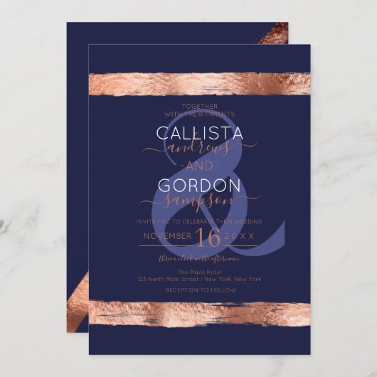 Invitation Mariage frontalier de luxe Rose de la marine or br (Devant / Derrière)