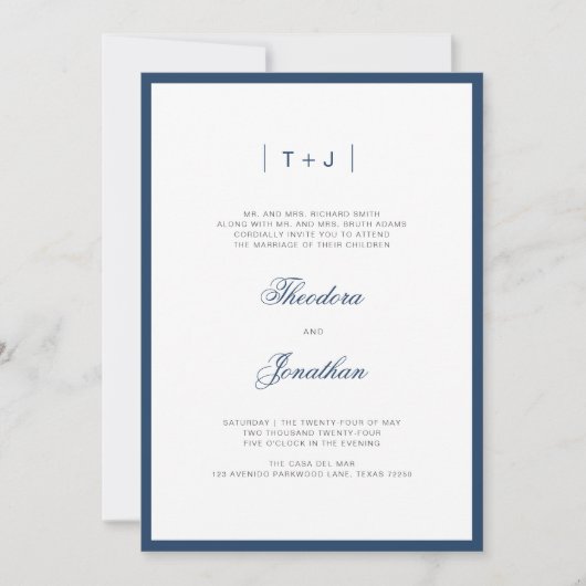 Invitation Mariage frontalier de Monogramme moderne bleu mari (Devant)