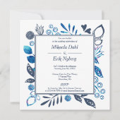 Invitation Mariage frontalier des fleurs Feuilles bleues et b (Devant)