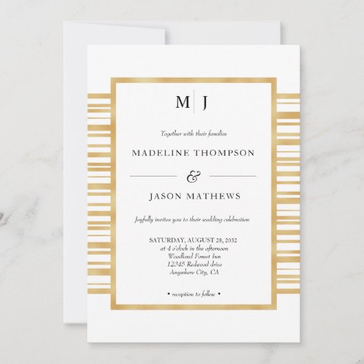 Invitation Mariage frontalier des rayures d'or blanc ivoire m (Devant)