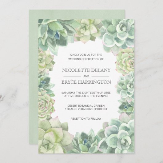 Invitation Mariage frontalier des succulents verts botaniques (Devant / Derrière)