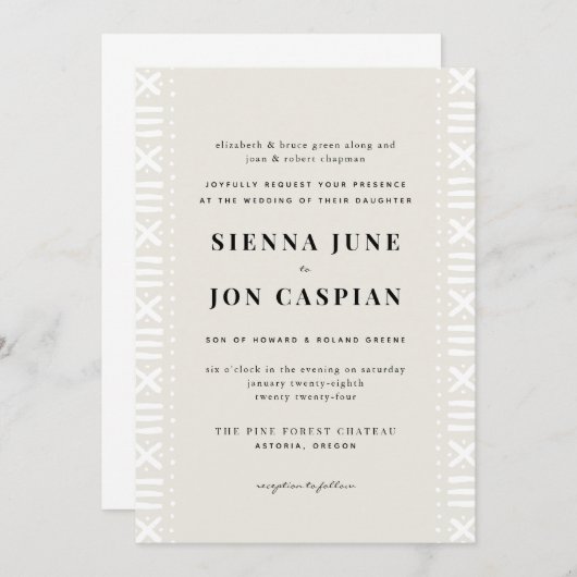 Invitation Mariage frontalier Ecru Boho Mudcloth (Devant / Derrière)
