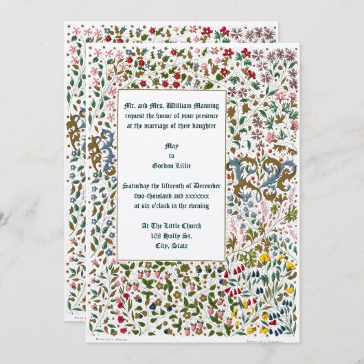 Invitation Mariage frontalier floral éclairé médiéval (Devant / Derrière)