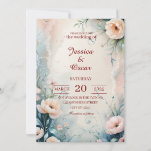 Invitation Mariage frontalier floral peint à la main en lunet