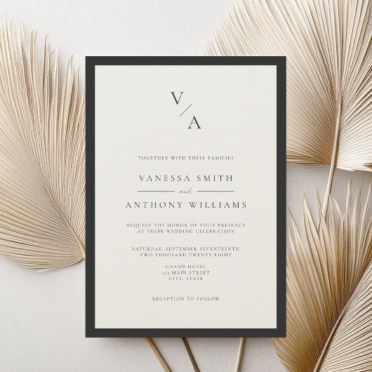 Invitation Mariage frontalier moderne Monogram Black & Ecru