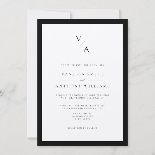 Invitation Mariage frontalier moderne Monogram Black & Ecru (Devant)