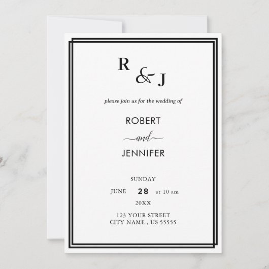 Invitation Mariage frontalier moderne noir et blanc (Devant)