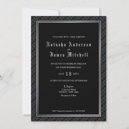 Invitation Mariage frontalier noir et blanc décoratif (Devant)