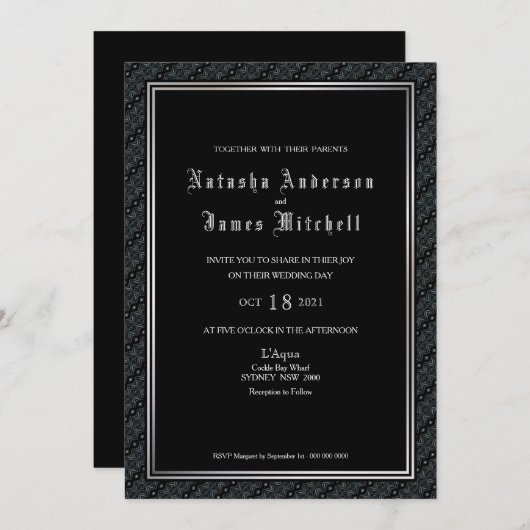Invitation Mariage frontalier noir et blanc décoratif (Devant / Derrière)