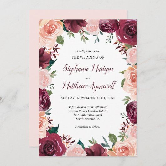Invitation Mariage frontalier Rose Aquarelle Brousse Bourgogn (Devant / Derrière)