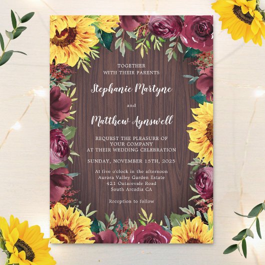 Invitation Mariage frontalier rustique en bois de tournesol