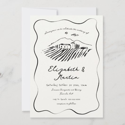 Invitation Mariage frontalier Wavy de la vigne tiré à la main (Devant)
