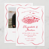 Invitation Mariage frontalier Wavy du vignoble du Doodle Roug (Devant / Derrière)