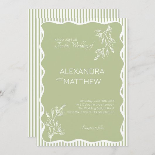 Invitation Mariage frontalier Wavy Whimsical Green Sage (Devant / Derrière)