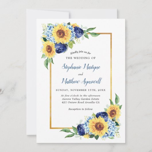 Invitation Mariage frontière bleu floral bleu foncé (Devant)