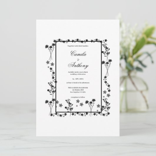 Invitation Mariage frontière floral blanc (Debout devant)