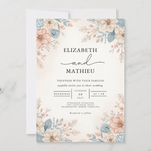 Invitation Mariage frontière floral bleu pâle (Devant)