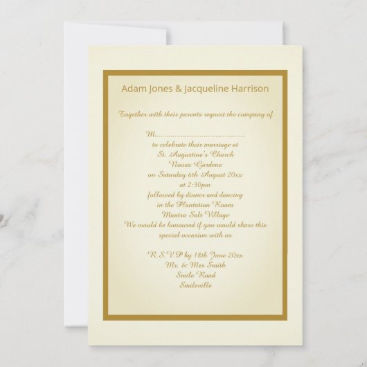 Invitation Mariage frontière or CRÈME simple et élégant (Dos)