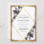 Invitation Mariage frontière or noir blanc floral diamant (Devant)
