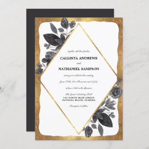 Invitation Mariage frontière or noir blanc floral diamant