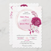 Invitation mariage fuchsia & blanc à couronne florale (Devant / Derrière)