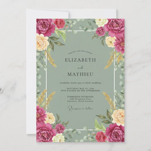 Invitation Mariage Fuchsia Céladon Ranunculus Eucalyptus (Devant)