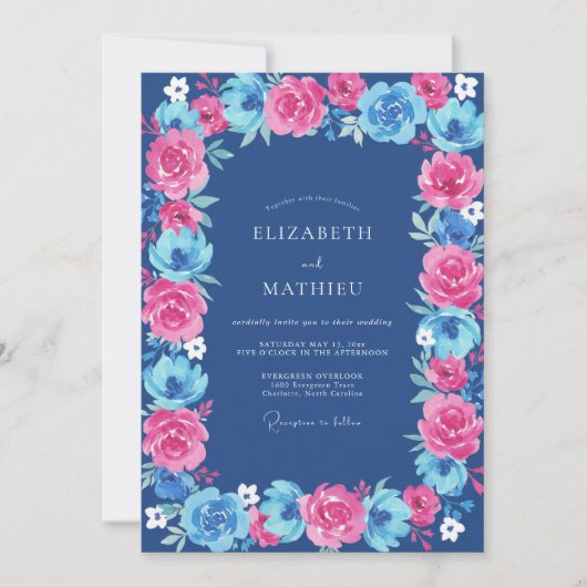 Invitation Mariage Fuchsia Cobalt Ranunculus Eucalyptus (Devant)