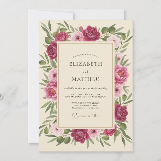 Invitation Mariage Fuchsia Crème Fleurie (Devant)