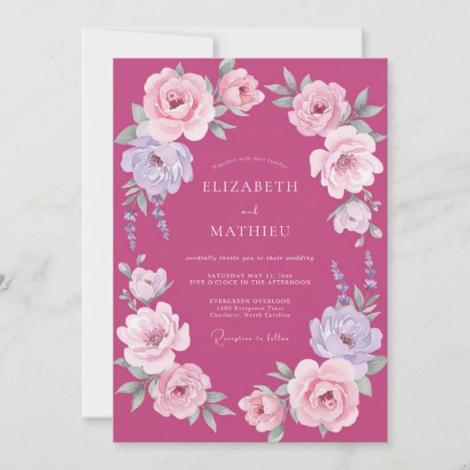 Invitation Mariage Fuchsia Lilas Ranunculus Eucalyptus (Devant)
