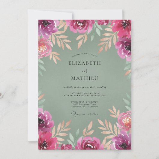 Invitation Mariage Fuchsia Olives Peints (Devant)