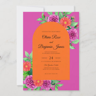 Invitation Mariage Fuchsia Orange Zinnia Eucalyptus