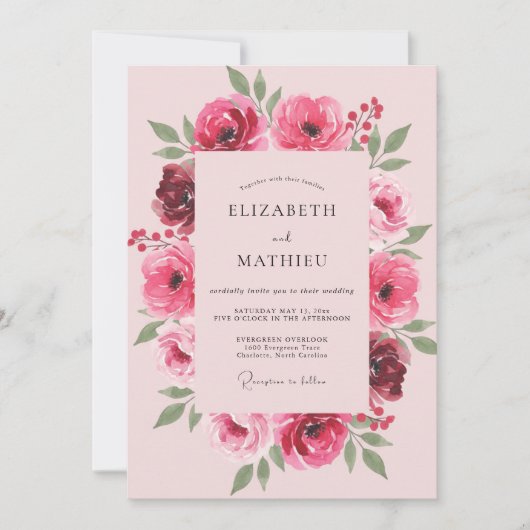 Invitation Mariage Fuchsia Ranunculus Eucalyptus Doux (Devant)