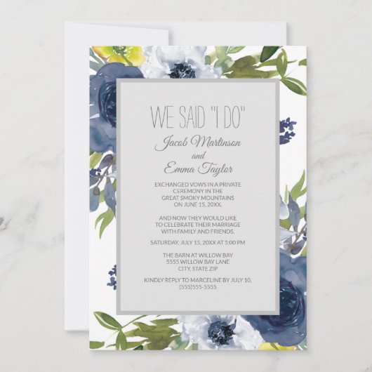 Invitation Mariage Fuite Floral Bleu Marine Blanc Jaune (Devant)