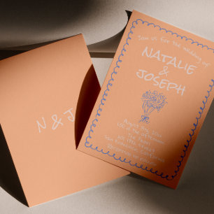 Invitation Mariage funky et original bleu pêche rétro