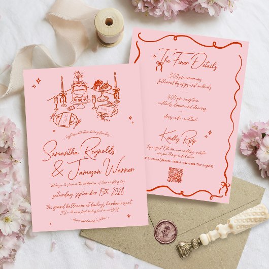 Invitation Mariage funky rose et rouge pour gribouillis à mai