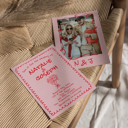 Invitation Mariage Funky Rose Rouge Dessiné à la Main Rétro