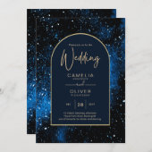 Invitation Mariage Galaxie Nuit Étoilée Bleu Nuit Or (Devant / Derrière)