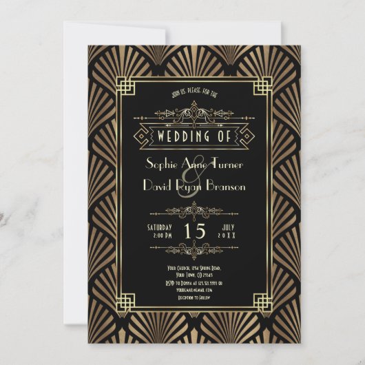 Invitation Mariage Gatsby Art Déco Or Noir 20s (Devant)
