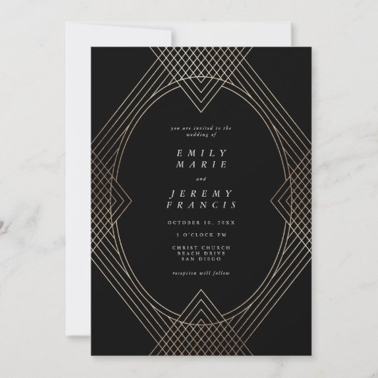 Invitation Mariage Gatsby d'Art Déco Ovale Noir Or (Devant)