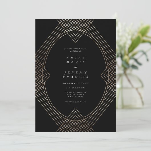 Invitation Mariage Gatsby d'Art Déco Ovale Noir Or (Debout devant)