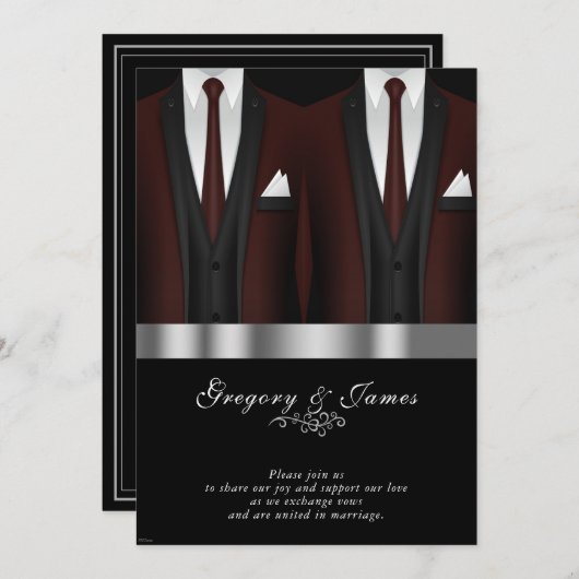 Invitation Mariage gay Bourgogne Tuxedo Argent Noir (Devant / Derrière)