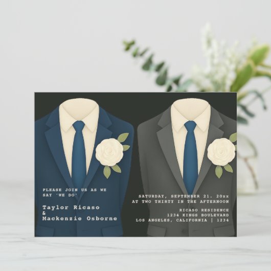 Invitation Mariage gay deux pièces en costume et Cravate (Debout devant)