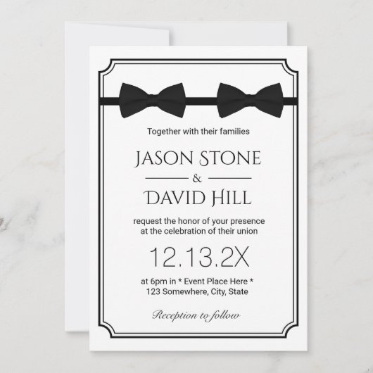 Invitation Mariage gay double Bow Cravate classique encadré (Devant)