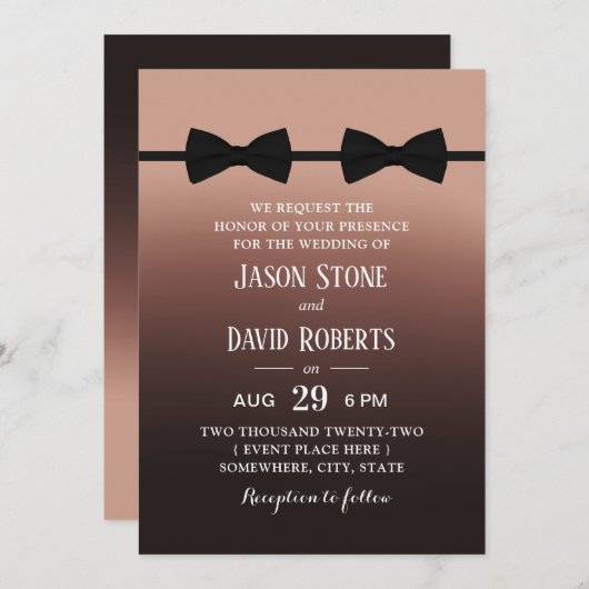 Invitation Mariage gay Double Bow Cravates élégant Brown Ombr (Devant / Derrière)