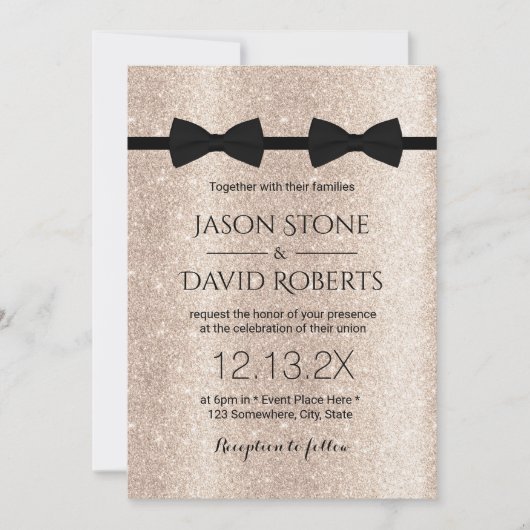 Invitation Mariage Gay double Bow Cravates moderne ivoire or (Devant)