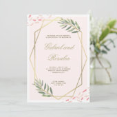 Invitation Mariage géométrique à bordure florale d'or (Debout devant)