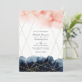 Invitation Mariage géométrique à code QR aquarelle bleu marin (Debout devant)